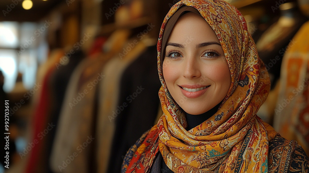 A smiling woman wearing a colorful hijab stands in a vibrant clothing store, showcasing diversity and cultural fashion. A smiling woman wearing a colorful hijab stands in a vibrant clothing store, showcasing diversity and cultural fashion.