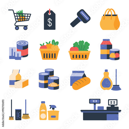 illustrations vector sale offer supper market items icon  for juice and basket ,label ,price , fruits , others 
