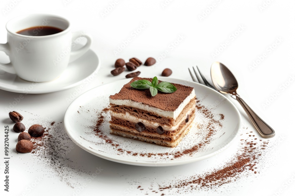 Composition with plate of tasty tiramisu on white background. Delicious dessert Composition with plate of tasty tiramisu on white background. Delicious dessert