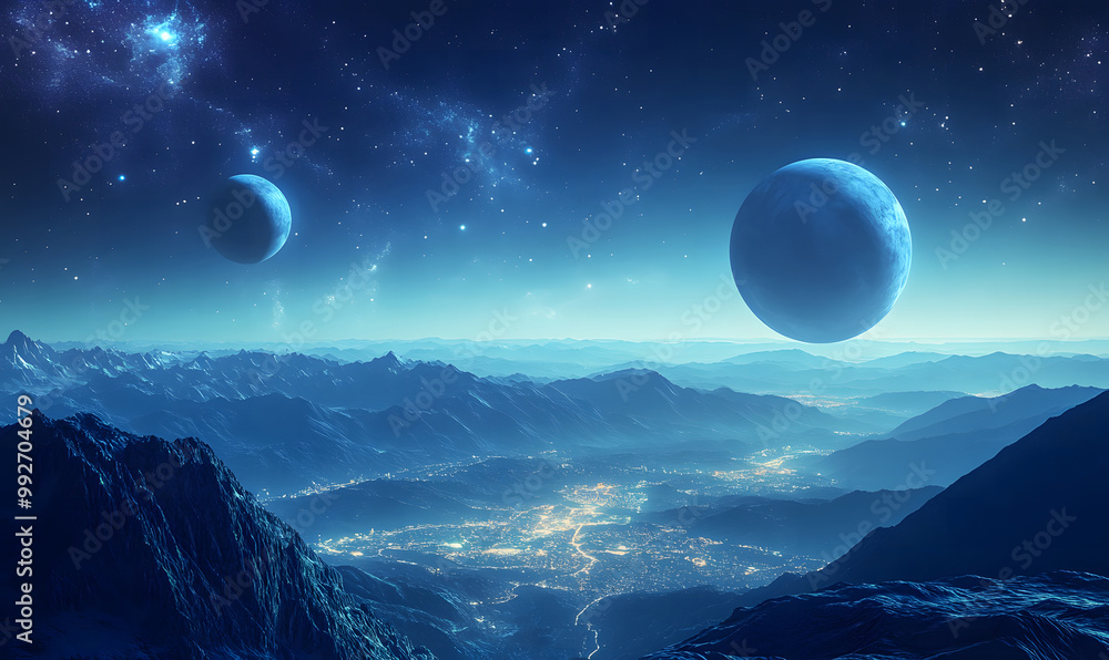 Futuristic Alien Landscape with Twin Moons Overlooking a City – Sci-Fi Planet Exploration Concept Design Futuristic Alien Landscape with Twin Moons Overlooking a City – Sci-Fi Planet Exploration Concept Design