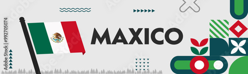 Mexico National day banner with retro abstract geometric shapes. Mexico flag. Mexico city landmarks Vector Illustration.