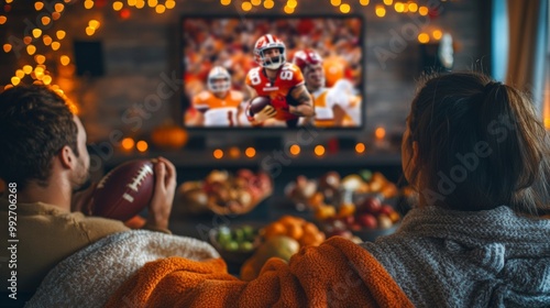 A Thanksgiving Day football game on TV in a living room, with a cozy setup of snacks, blankets, and family members watching and cheering 