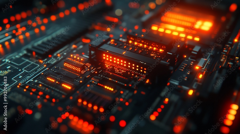 Close-up of a circuit board with glowing red lights. Close-up of a circuit board with glowing red lights.