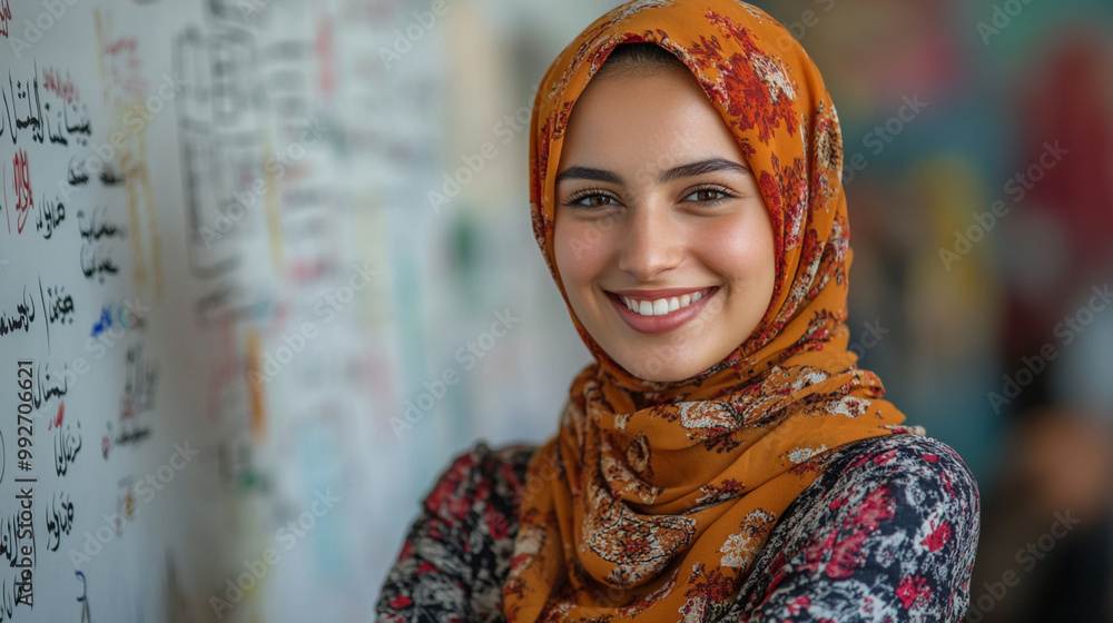 Smiling woman in a colorful hijab stands confidently against a whiteboard, showcasing creativity and cultural pride. Smiling woman in a colorful hijab stands confidently against a whiteboard, showcasing creativity and cultural pride.