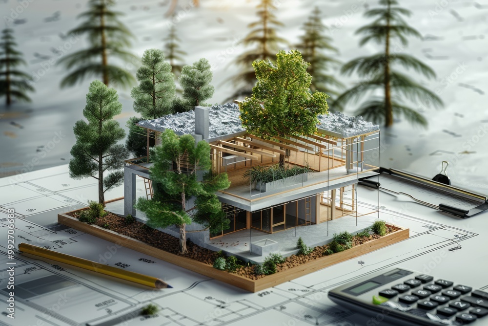 Construction Process Render Concept of construction. 3d render of house in building process with ...