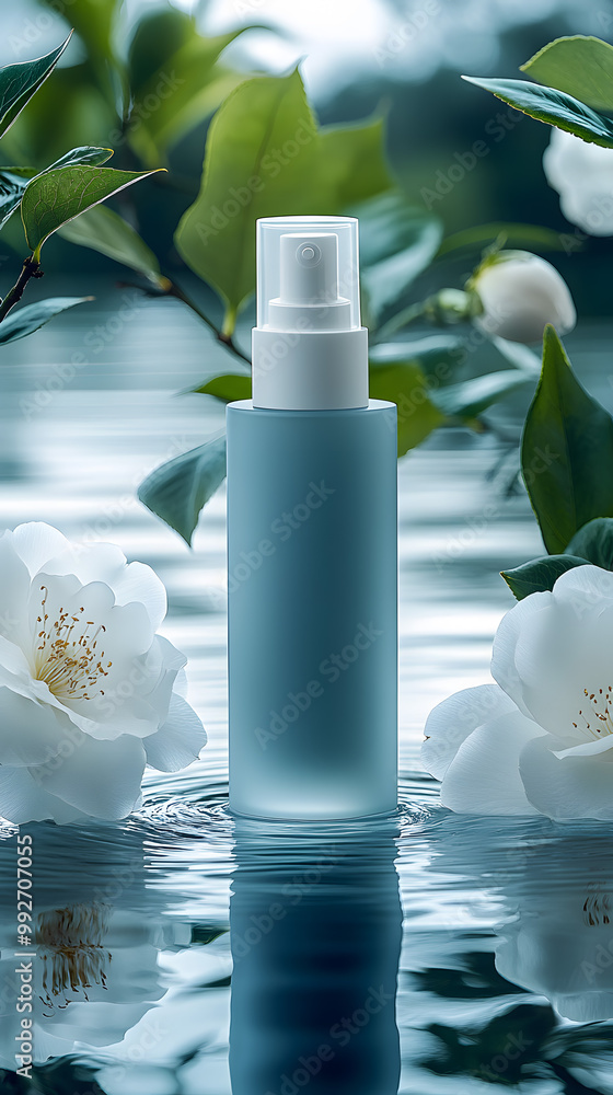 Elegant Frosted Lotion Bottle with White Blossoms and Green Leaves Elegant Frosted Lotion Bottle with White Blossoms and Green Leaves