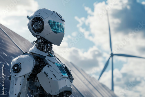  robot is standing in front of a wind turbine. The robot is white and has a human-like face. The wind turbine is tall and is located in the background. Concept of futuristic technology