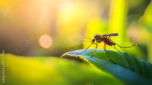 Close-up of mosquito resting on leaf in tropical forest, emphasizing its role in transmitting viruses, shallow depth of field.