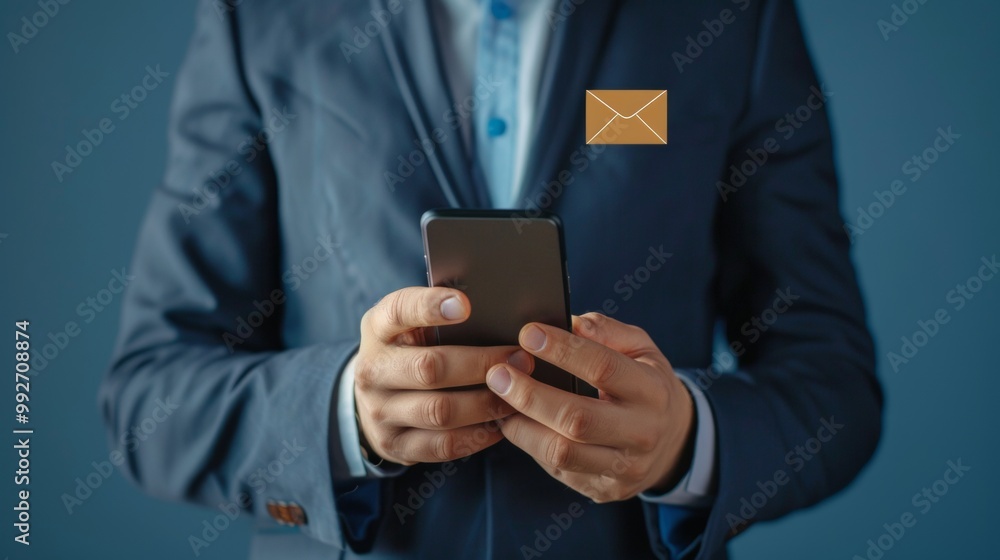 CONTACT US. businessman holding cell phone with with mail, phone, email icon. cutomer support concept. copy space. blue background CONTACT US. businessman holding cell phone with with mail, phone, email icon. cutomer support concept. copy space. blue background