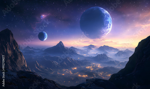 Futuristic Alien Landscape with Twin Moons Overlooking a City – Sci-Fi Planet Exploration Concept Design