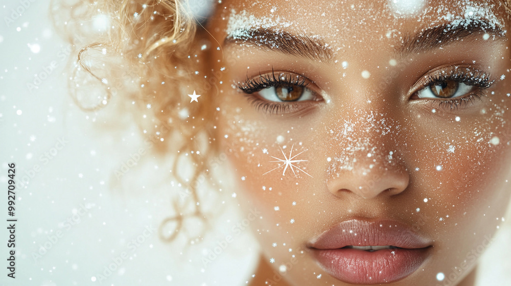 Beautiful young black woman with snowflakes and stars on her face. Beauty parlor christmas or winter banner concept, copyspace. Beautiful young black woman with snowflakes and stars on her face. Beauty parlor christmas or winter banner concept, copyspace.