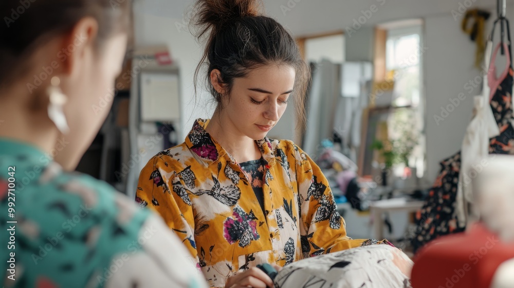 A focused young woman designs clothing, showcasing creativity in a vibrant, floral top within a sewing studio. A focused young woman designs clothing, showcasing creativity in a vibrant, floral top within a sewing studio.