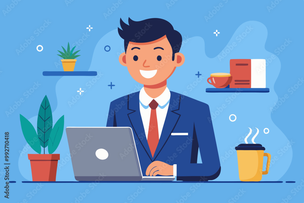 Obraz premium Smiling businessman working on laptop with coffee