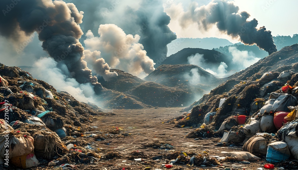 Environmental crisis at a sprawling landfill with smoke rising from ...
