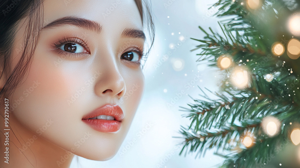 Beautiful young asian woman with xmas tree branch, snowflakes and stars on her face. Beauty parlor christmas or winter banner concept, copyspace. Beautiful young asian woman with xmas tree branch, snowflakes and stars on her face. Beauty parlor christmas or winter banner concept, copyspace.
