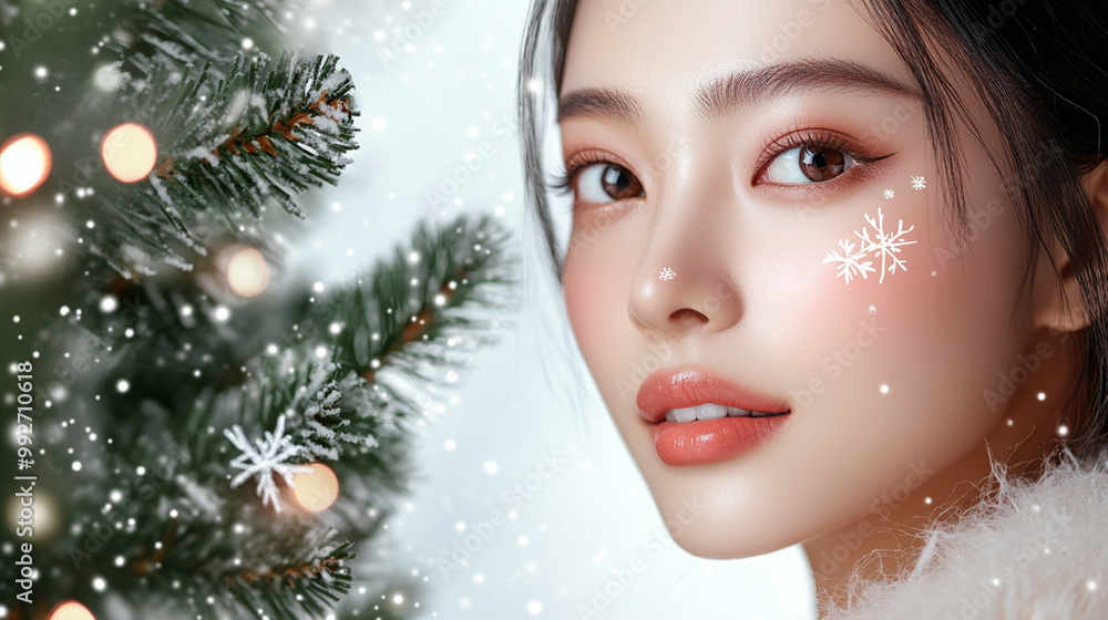 Beautiful young asian woman with xmas tree branch, snowflakes and stars on her face. Beauty parlor christmas or winter banner concept, copyspace. Beautiful young asian woman with xmas tree branch, snowflakes and stars on her face. Beauty parlor christmas or winter banner concept, copyspace.