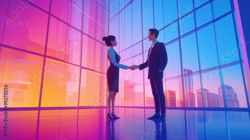 A 3D cartoon-style business meeting where two professionals shake hands in front of large office windows