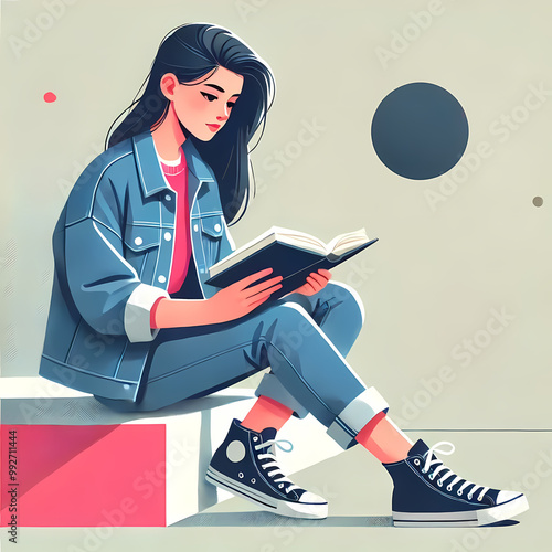 Young Woman Reading a Book in Casual Attire
 photo