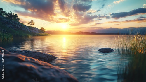 A tranquil lake at sunset, with a golden sky reflecting off the water. The mountains in the distance are silhouetted against the bright horizon.