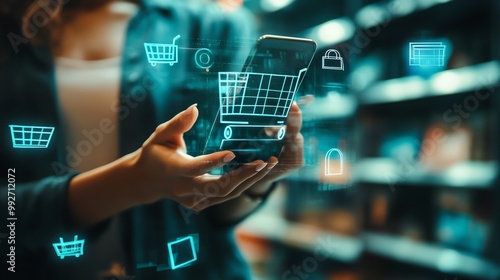 A woman uses her phone to shop online. She is surrounded by a digital world of shopping carts and other icons.