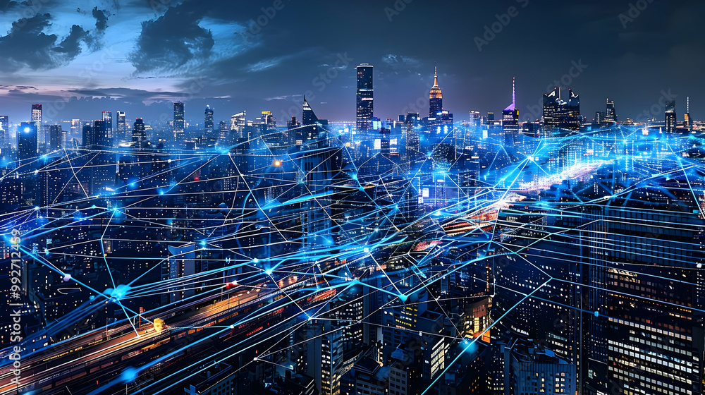 Fototapeta premium A Digital Network of Lines Connecting City Buildings at Night