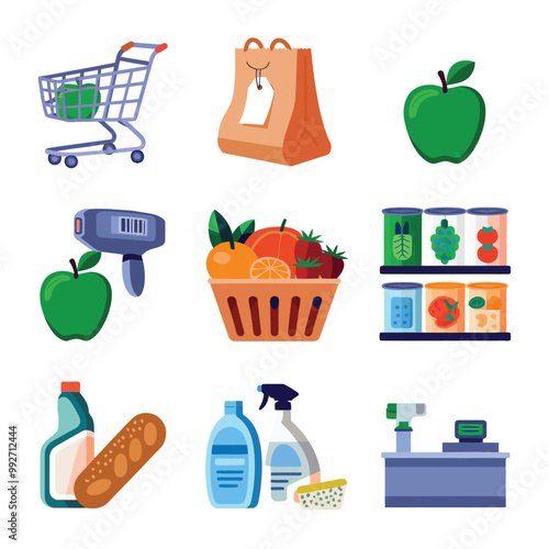 illustrations vector sale offer supper market items icon  for juice and basket ,label ,price , fruits , others 
