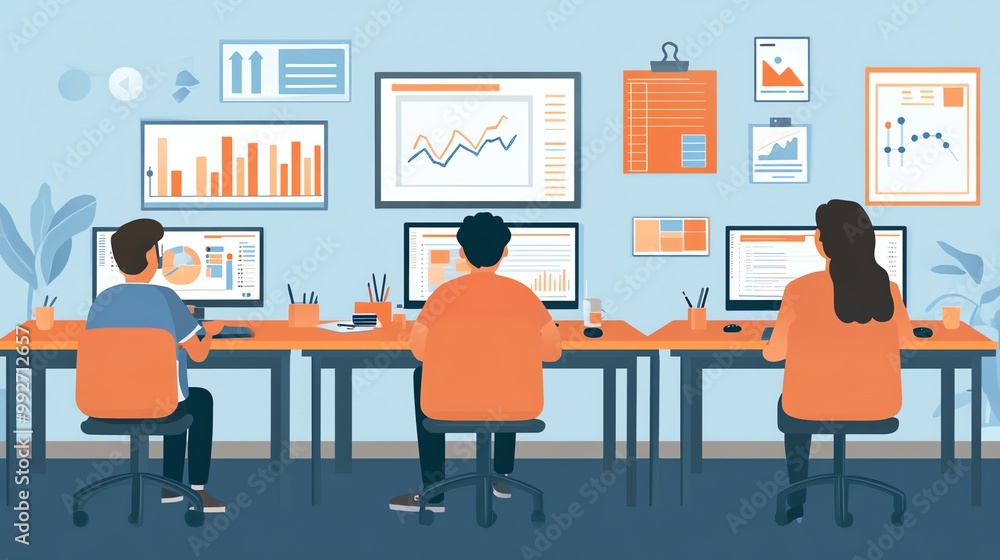 Three colleagues work together in a modern office, focused on their computer screens. Three colleagues work together in a modern office, focused on their computer screens.