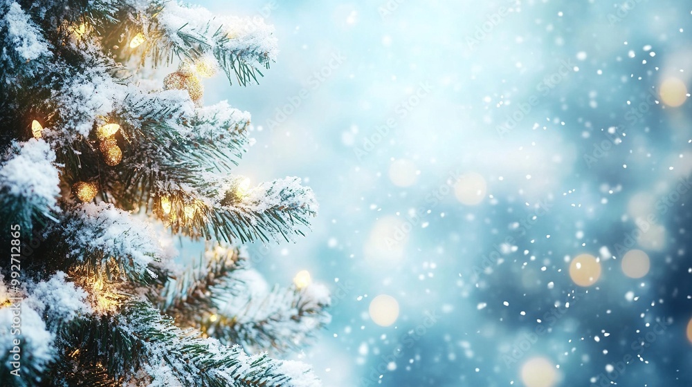 Christmas Scene with Fir Tree and Snow in the Background Christmas Scene with Fir Tree and Snow in the Background