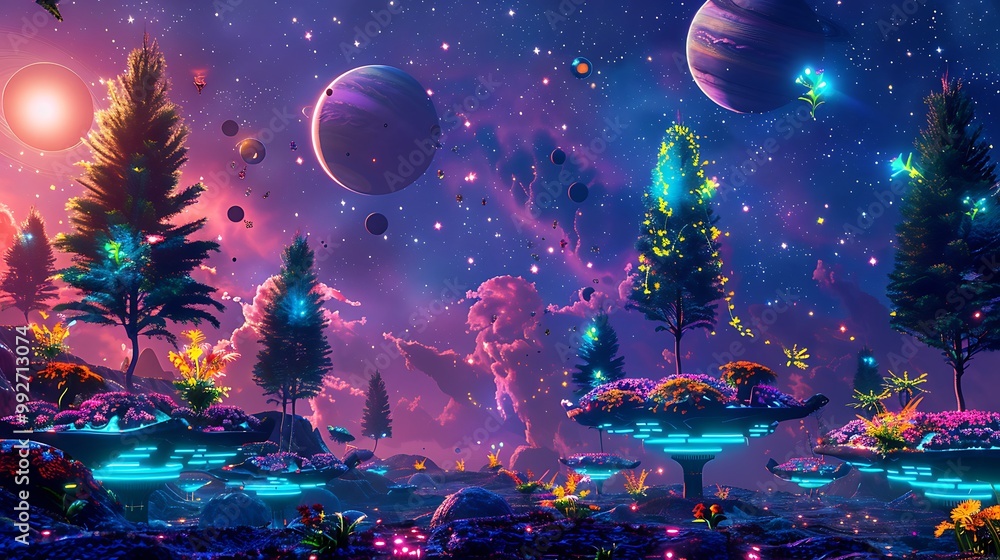 Ethereal Alien Landscape with Glowing Trees and Floating Platforms Ethereal Alien Landscape with Glowing Trees and Floating Platforms