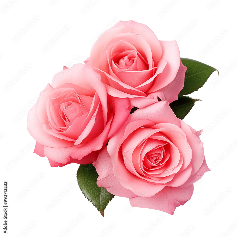 Three Beautiful Pink Roses With Green Leaves On A White Background Three Beautiful Pink Roses With Green Leaves On A White Background