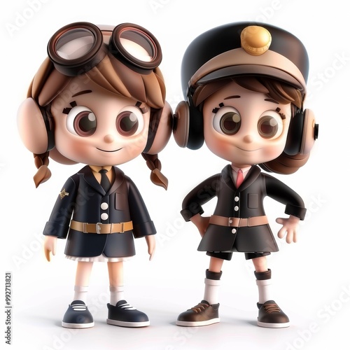 Cute cartoon boy and girl in pilot costumes with sweet smiles. Profession cartoon concept isolated on white background. 3d rendering