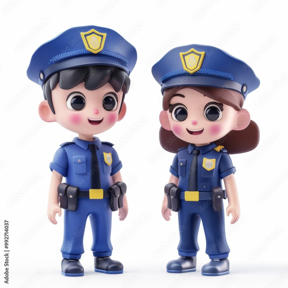 Cute cartoon boy and girl in police costumes with sweet smiles. Profession cartoon concept isolated in white background. 3d rendering