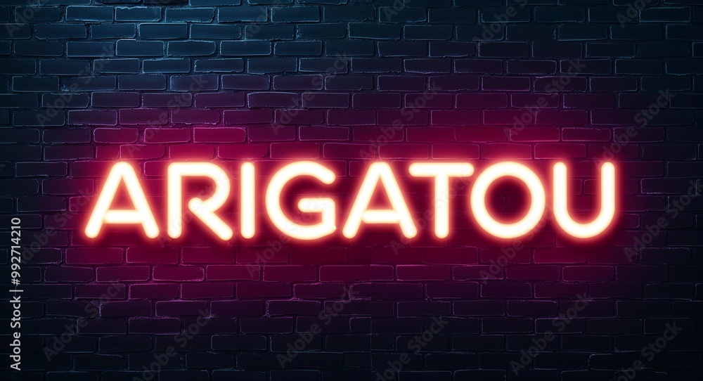 arigatou word lettering glowing with neon light on dark brick wall background arigatou word lettering glowing with neon light on dark brick wall background