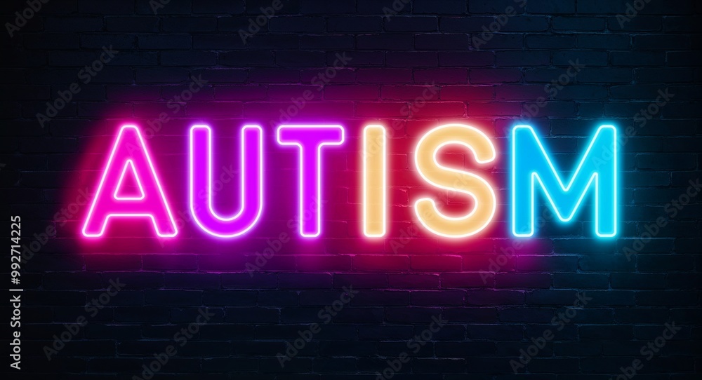 Obraz premium autism word lettering glowing with neon light on dark brick wall background