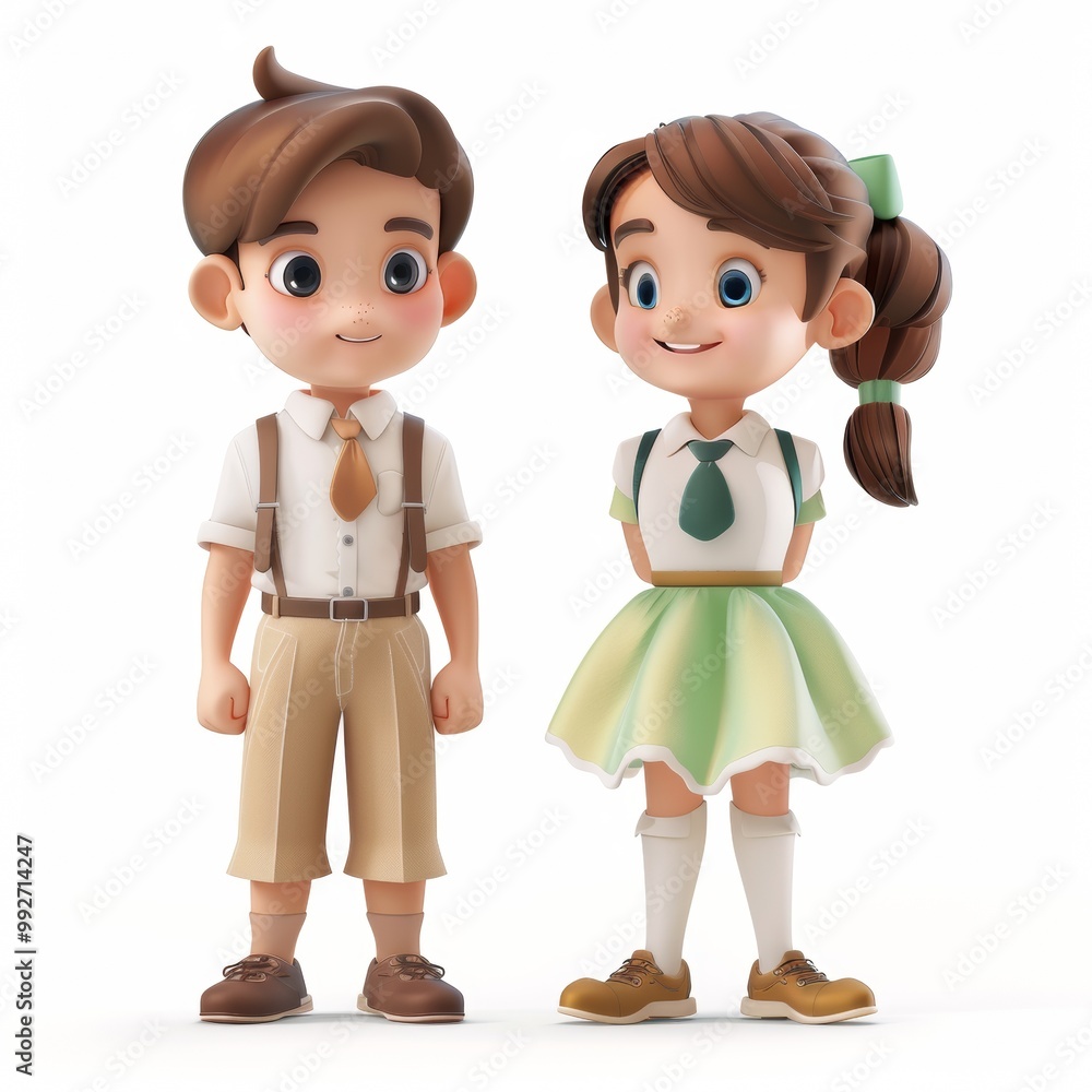 Cute cartoon boy and girl in Teacher costumes with sweet smiles. Profession cartoon concept isolated on white background. 3d rendering Cute cartoon boy and girl in Teacher costumes with sweet smiles. Profession cartoon concept isolated on white background. 3d rendering