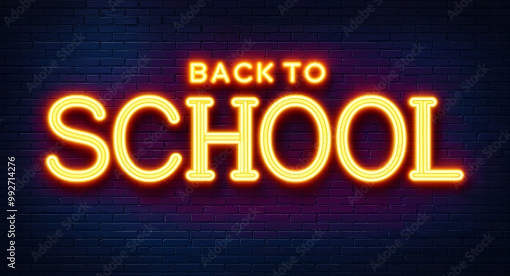 back to school word lettering glowing with neon light on dark brick wall background back to school word lettering glowing with neon light on dark brick wall background