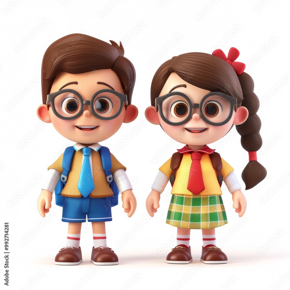 Cute cartoon boy and girl in Teacher costumes with sweet smiles. Profession cartoon concept isolated on white background. 3d rendering Cute cartoon boy and girl in Teacher costumes with sweet smiles. Profession cartoon concept isolated on white background. 3d rendering