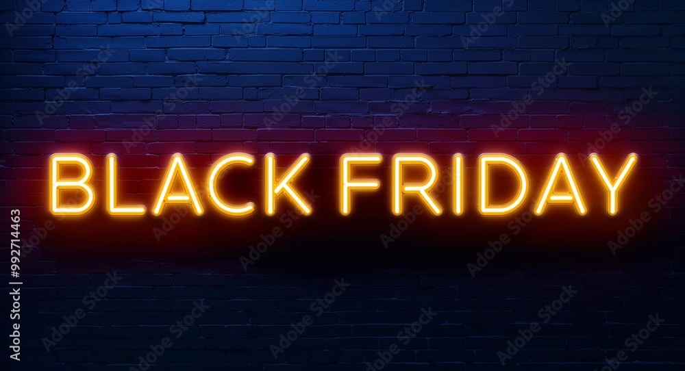 black Friday word lettering glowing with neon light on dark brick wall background black Friday word lettering glowing with neon light on dark brick wall background