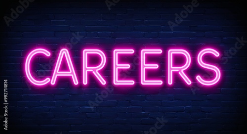 Careers word lettering glowing with neon light on dark brick wall background