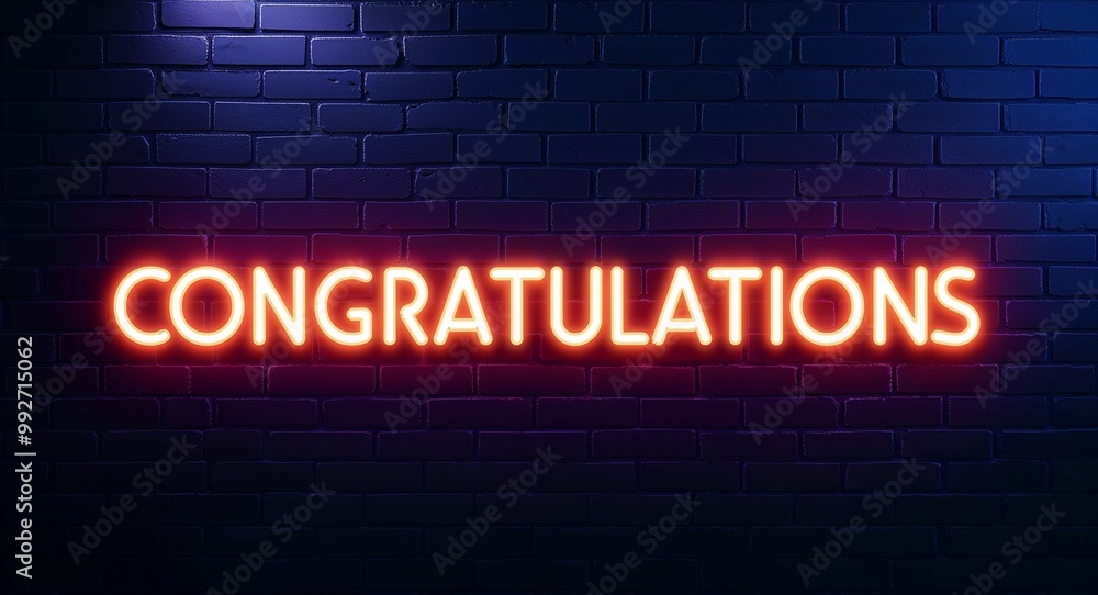 congratulations word lettering glowing with neon light on dark brick wall background congratulations word lettering glowing with neon light on dark brick wall background