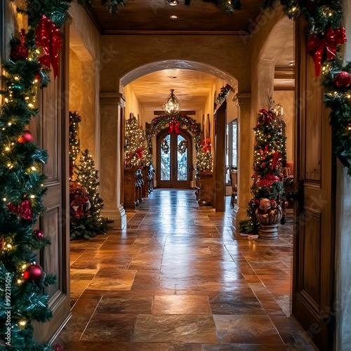 Wallpaper Mural Elegant Christmas Decor in Luxurious Home Interior Hallway with Festive Trees and Warm Lighting. Torontodigital.ca