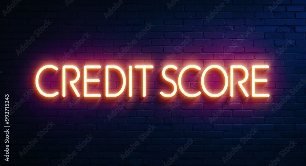 Credit score word lettering glowing with neon light on dark brick wall background