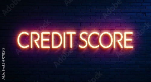 Credit score word lettering glowing with neon light on dark brick wall background