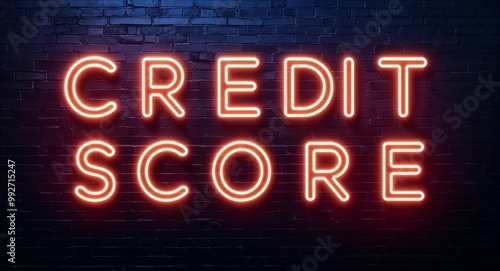 Credit score word lettering glowing with neon light on dark brick wall background