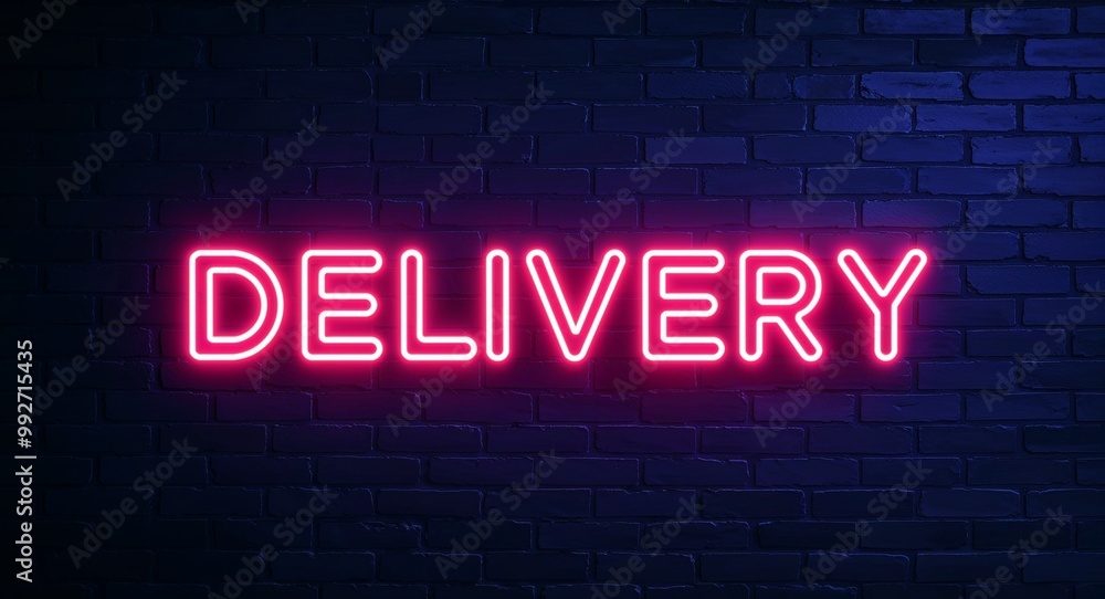 Delivery word lettering glowing with neon light on dark brick wall background Delivery word lettering glowing with neon light on dark brick wall background