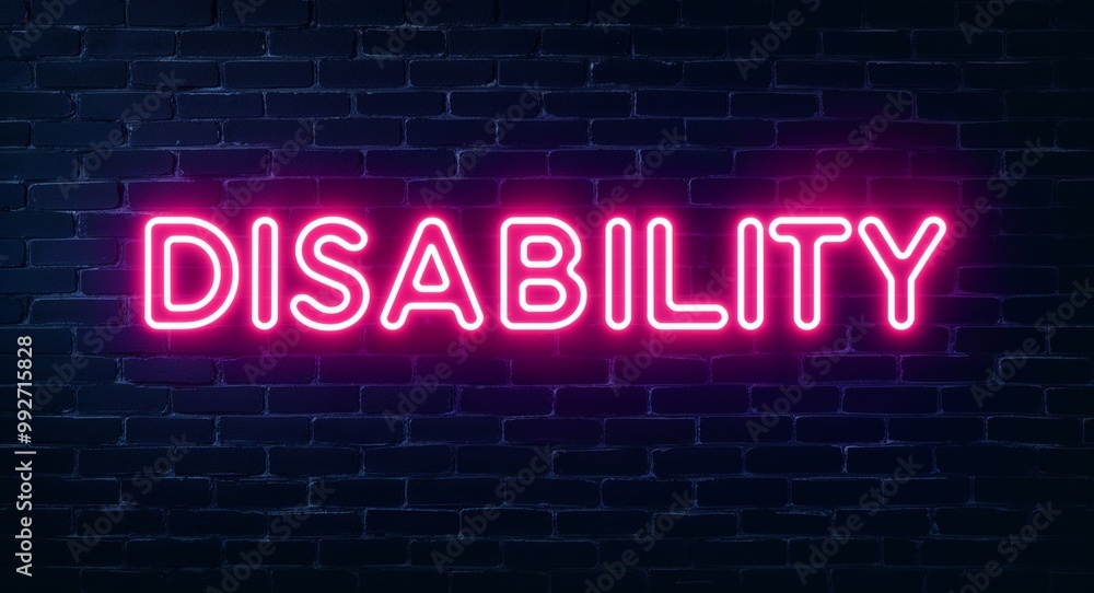 disability word lettering glowing with neon light on dark brick wall background disability word lettering glowing with neon light on dark brick wall background