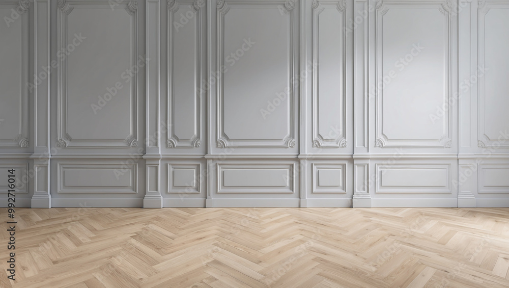 This classic interior background features light grey paneled walls with elegant molding and a herringbone wooden floor, creating a sophisticated and timeless atmosphere. This classic interior background features light grey paneled walls with elegant molding and a herringbone wooden floor, creating a sophisticated and timeless atmosphere.