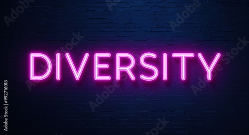 diversity word lettering glowing with neon light on dark brick wall background