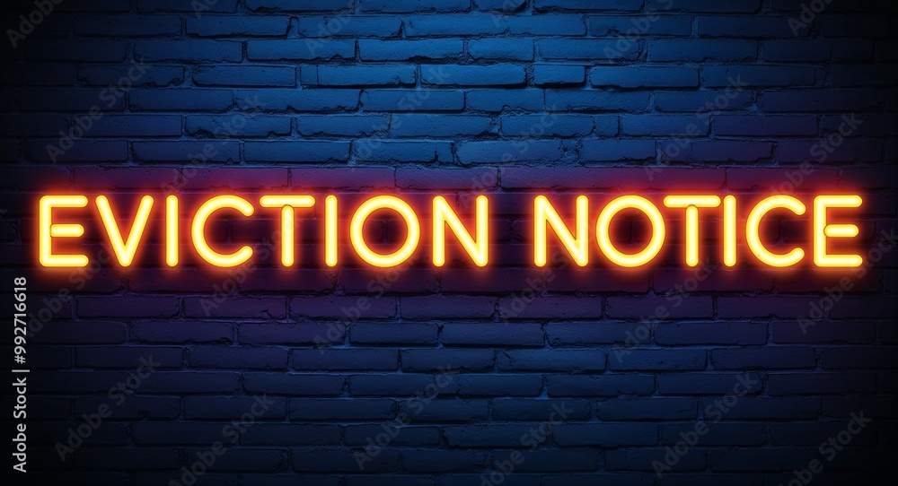 Obraz premium eviction notice word lettering glowing with neon light on dark brick wall background