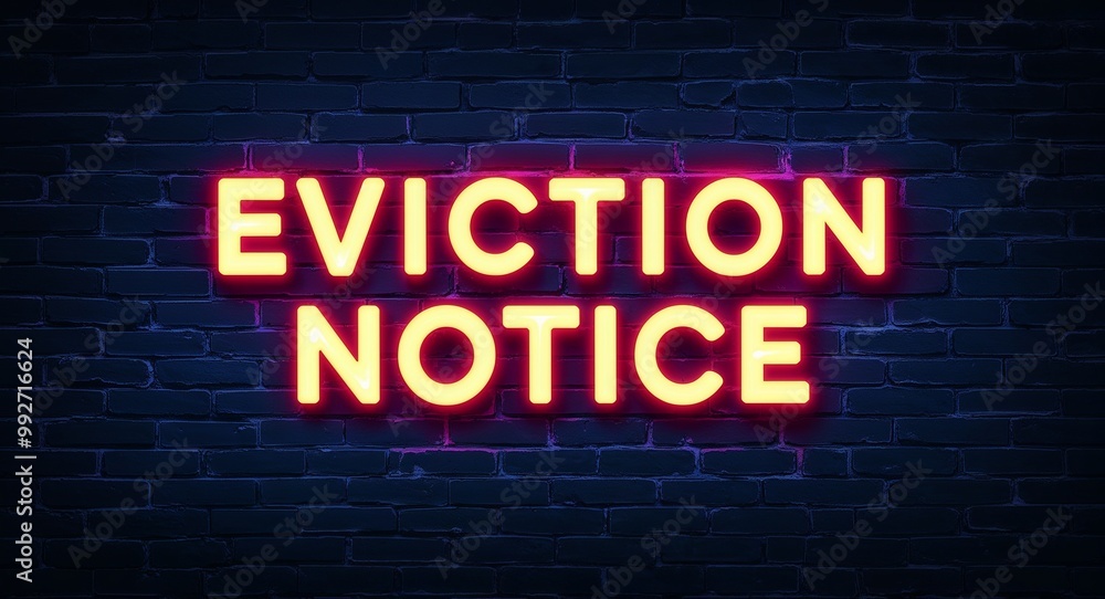 eviction notice word lettering glowing with neon light on dark brick wall background eviction notice word lettering glowing with neon light on dark brick wall background